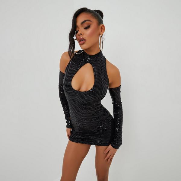High Neck Cut Out Keyhole Mini Bodycon Dress With Sleeves In Black Sequin