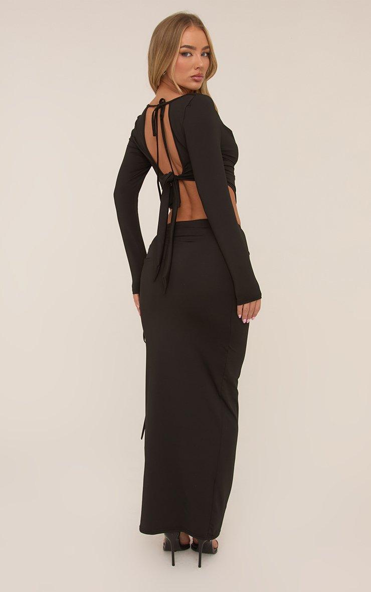 Long Sleeve Cowl Neck Top And Low Rise Ruched Side Maxi Skirt Co-Ord Set In  Black | EGO EU | EGO