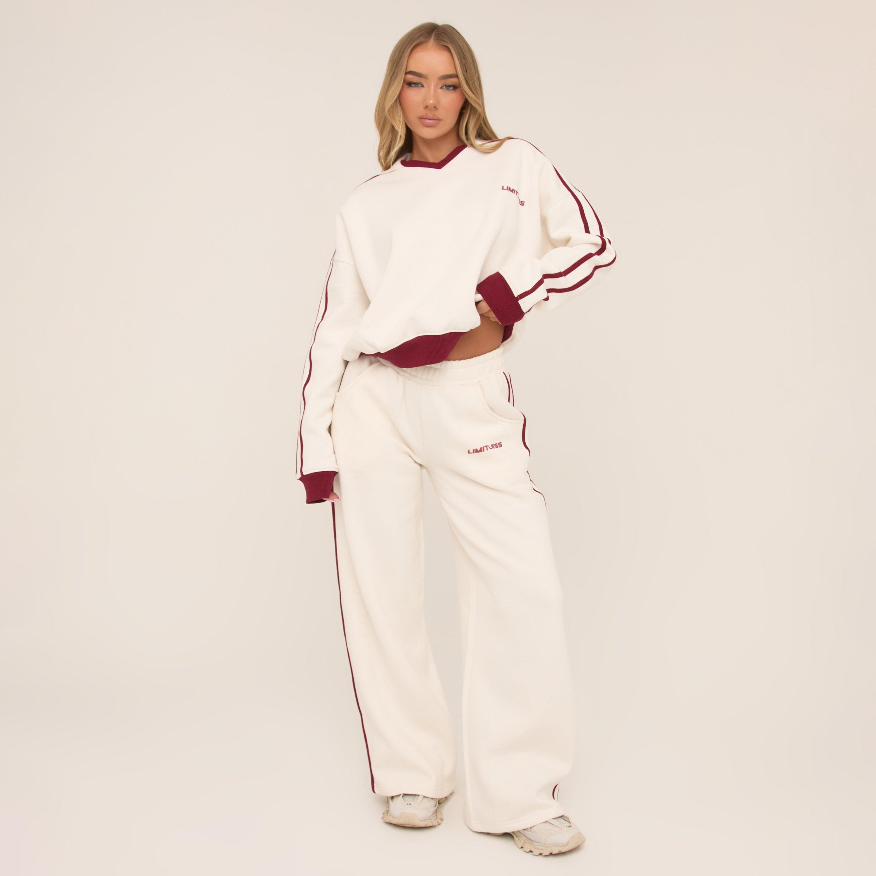High Waist Contrast Burgundy Stripe Wide Leg Joggers In Cream, Women’s