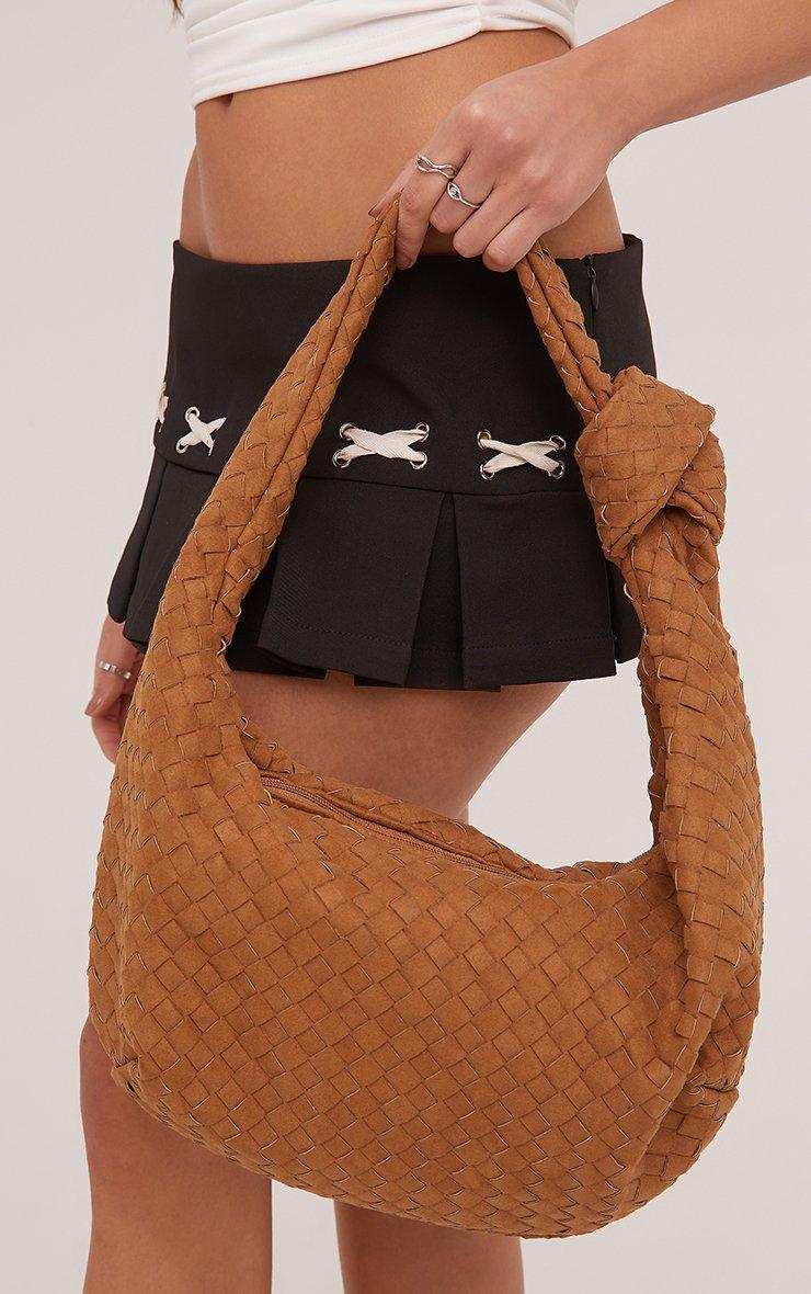 Loreen Woven Knotted Strap Detail Oversized Shoulder Bag In Tan