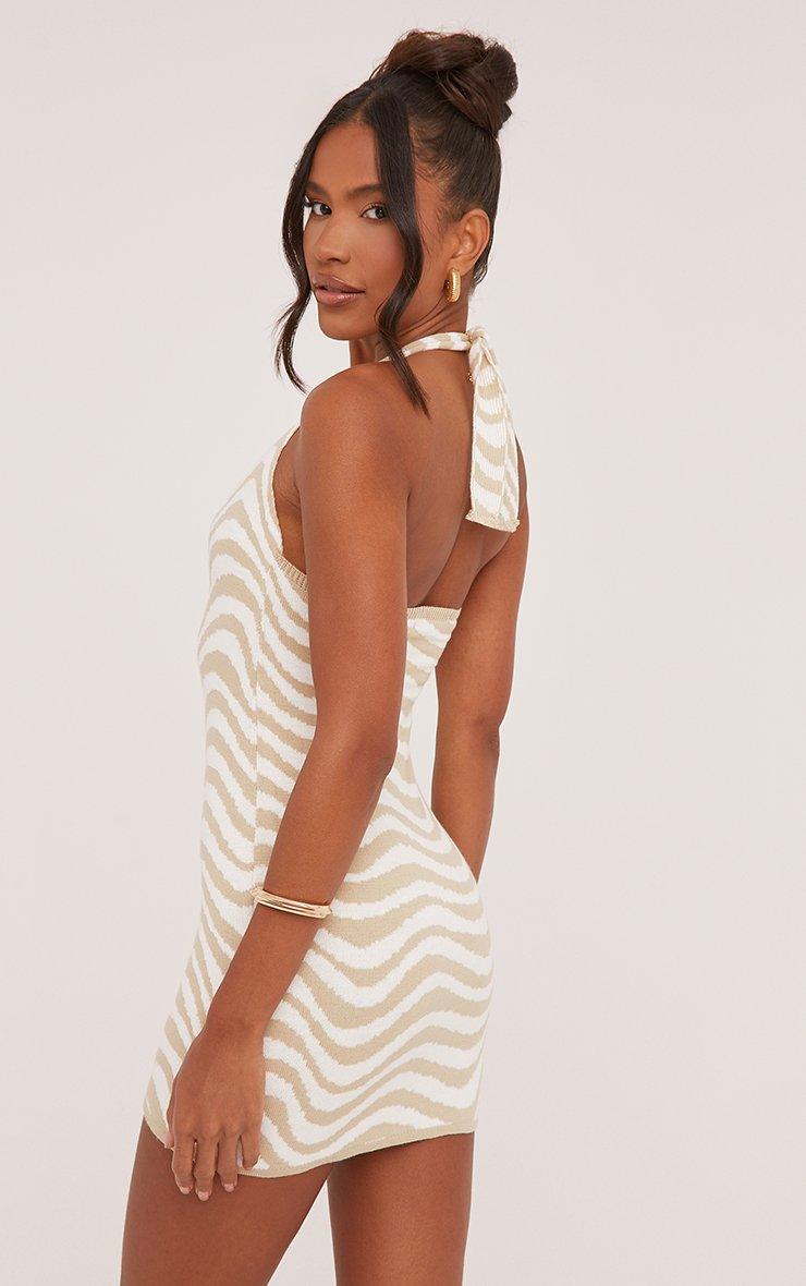 Halterneck Contrast Wave Mini Bodycon Dress In Stone Knit | EGO AU | EGO