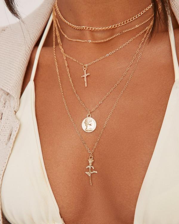 Cross Charm Detail Multi Chain Necklace In Gold