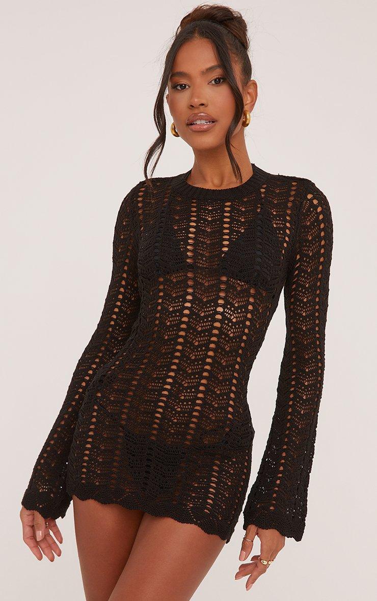 Long Sleeve Tie Open Back Mini Bodycon Dress In Black Crochet Knit