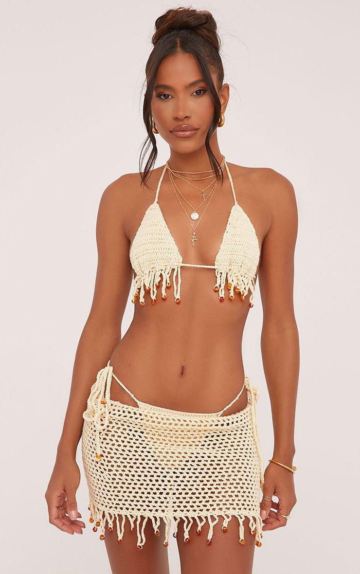 Beaded Fringe Detail Triangle Bikini Set With Matching Skirt In