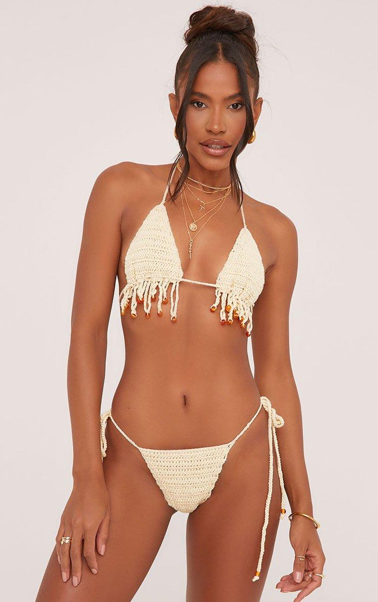 Beaded Fringe Detail Triangle Bikini Set With Matching Skirt In