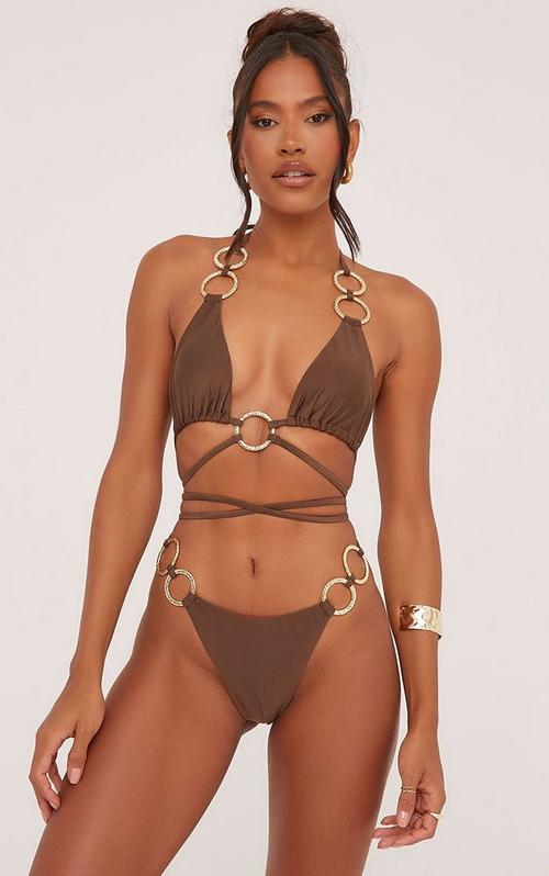 Triangle Hammered Ring Detail Tie Side Bikini Set In White | EGO
