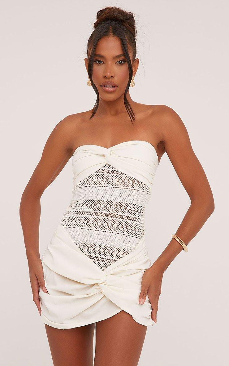 Bandeau Linen Twist Detail Mini Bodycon Dress In Cream Texture | EGO US |  EGO