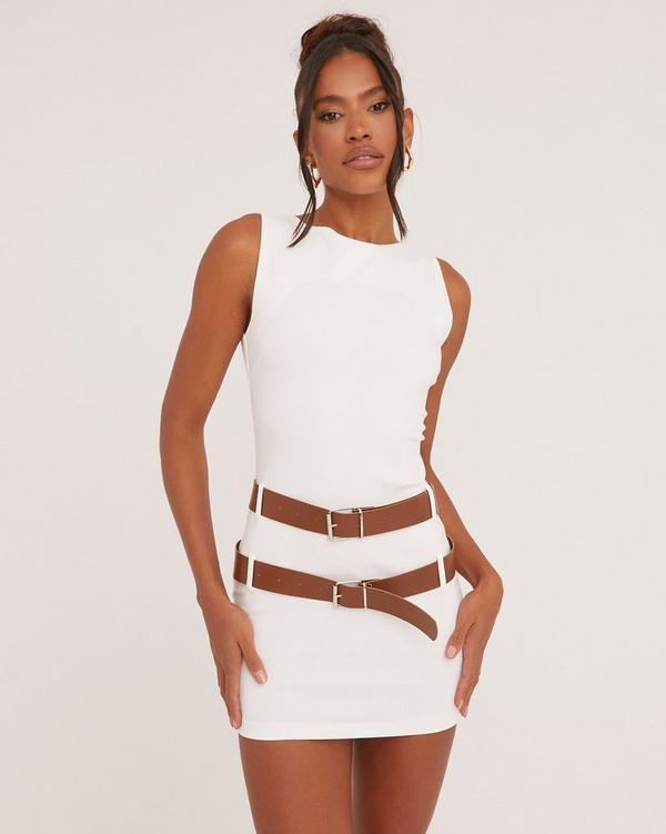 Sleeveless Double Belt Detail Tailored Mini Bodycon Dress In Cream EGO