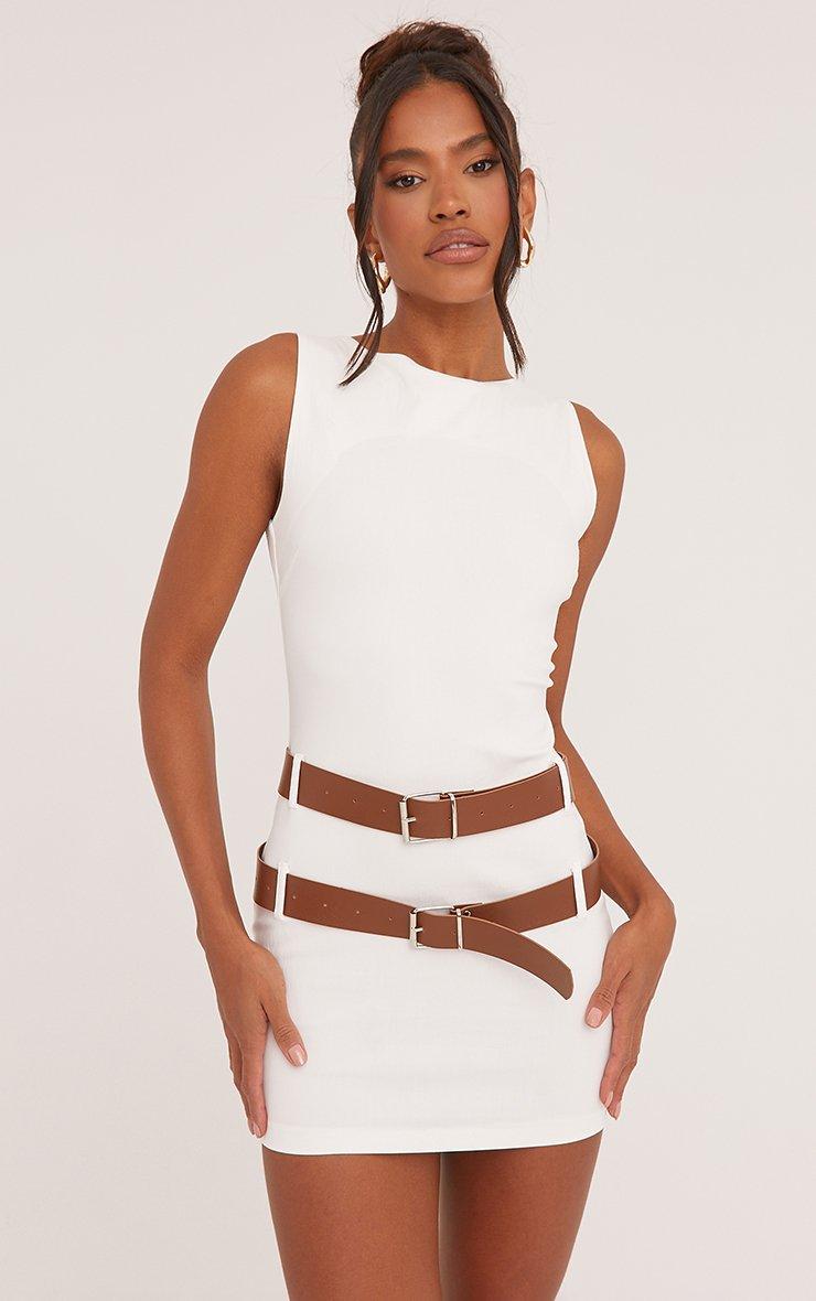 Sleeveless Double Belt Detail Tailored Mini Bodycon Dress In Cream | EGO US  | EGO