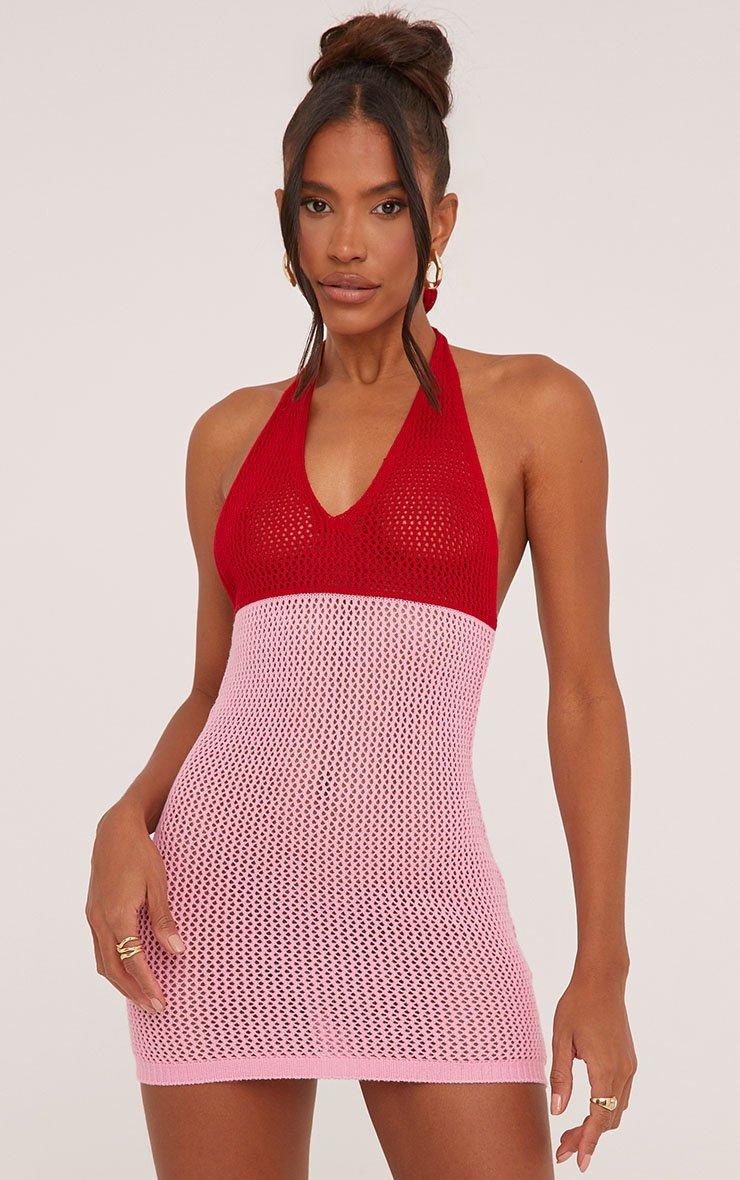 Halterneck Red Contrast Mini Bodycon Dress In Pink Crochet Knit | EGO CA |  EGO