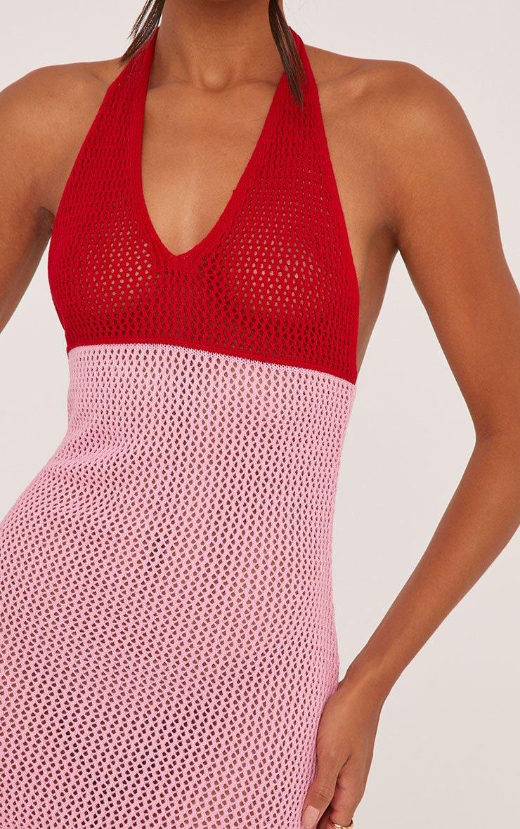 Halterneck Red Contrast Mini Bodycon Dress In Pink Crochet Knit | EGO CA |  EGO