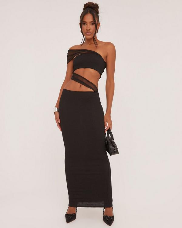 Bandeau Mesh Strap Detail Cut Out Maxi Dress In Black