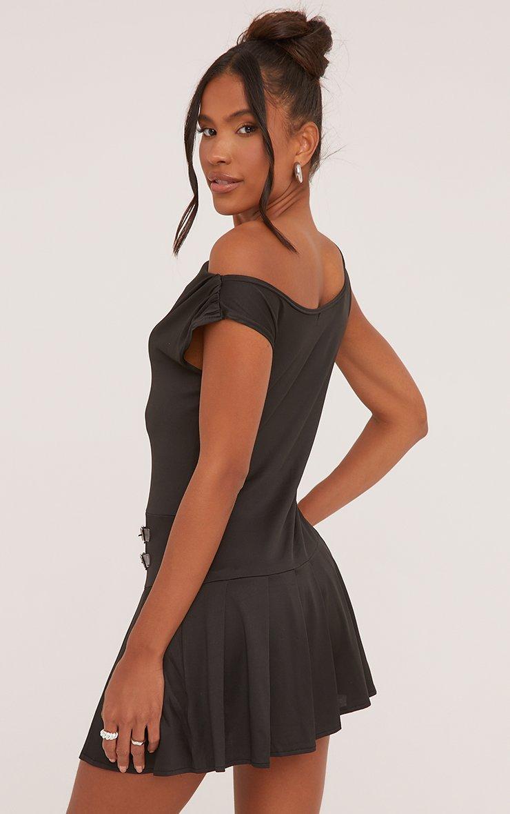 Asymmetric One Shoulder Belted Detail Pleated Mini Dress In Black