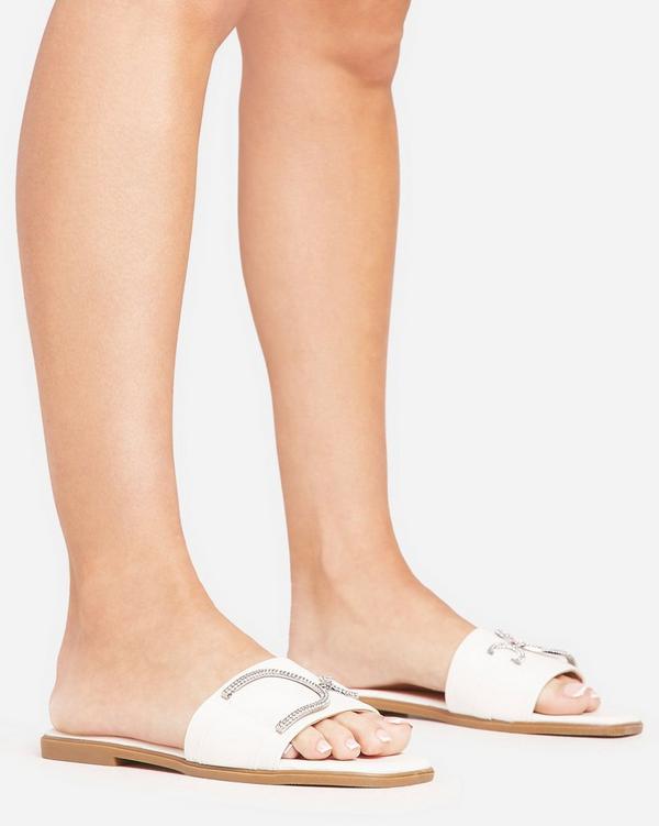 Pandora Diamante Ring Detail Square Toe Flat Slider Sandal In White Faux Leather EGO