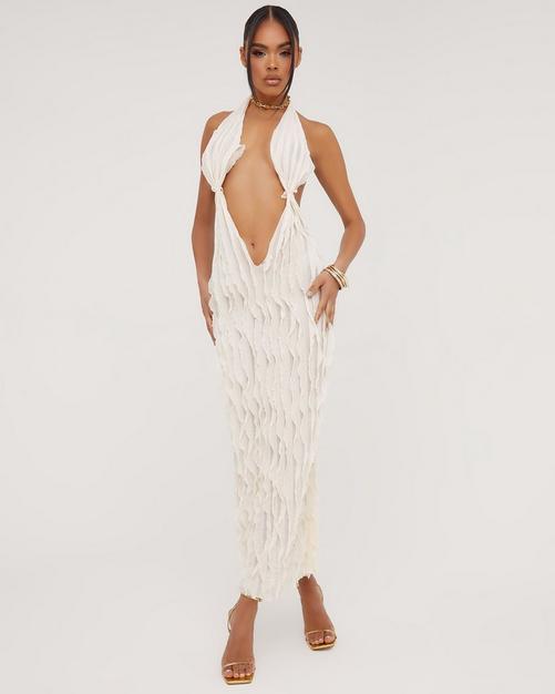 One Shoulder Cut Out Detail Thigh Split Maxi Dress In Silver Metallic  Fishnet