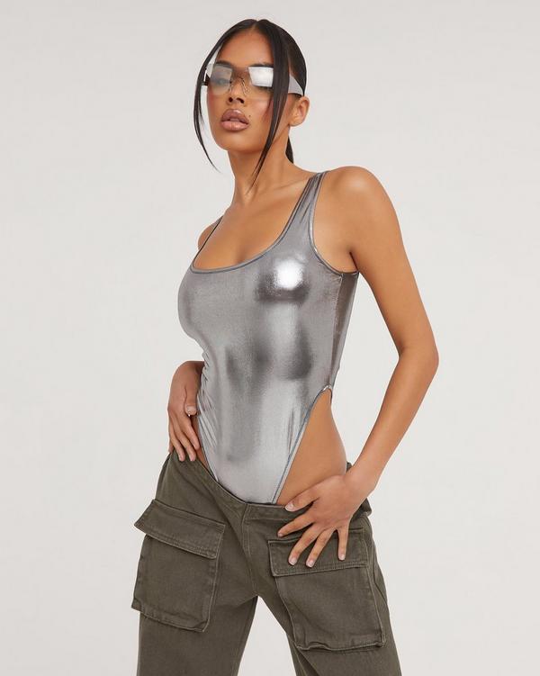 Plus Size Faux Leather Scoop Neck Catsuit - Silver