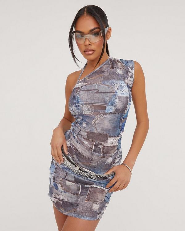 One Shoulder Ruched Detail Mini Dress In Blue Denim Print Mesh