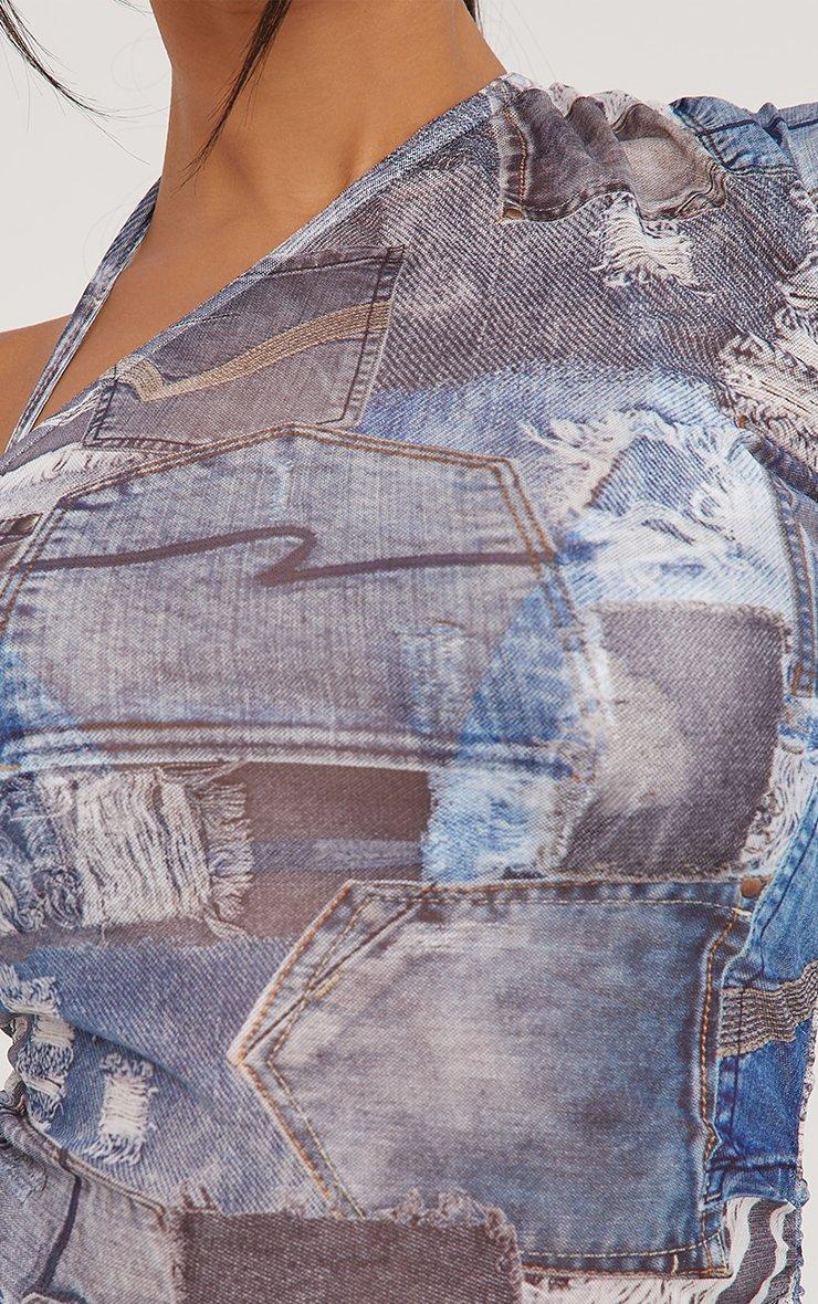 One Shoulder Ruched Detail Mini Dress In Blue Denim Print Mesh | EGO AU |  EGO