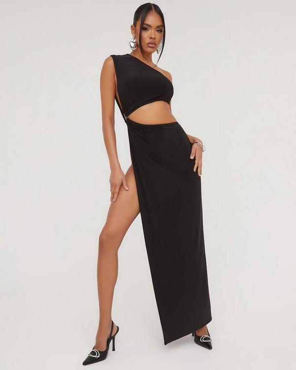 Black asymmetric sleeve cut out split leg maxi outlet dress