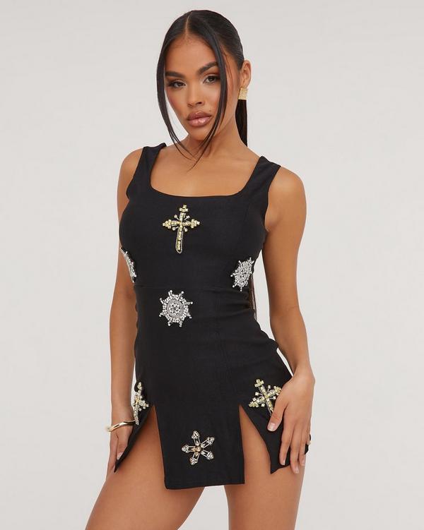 black chain embellished mini dress featuring ruched detailing