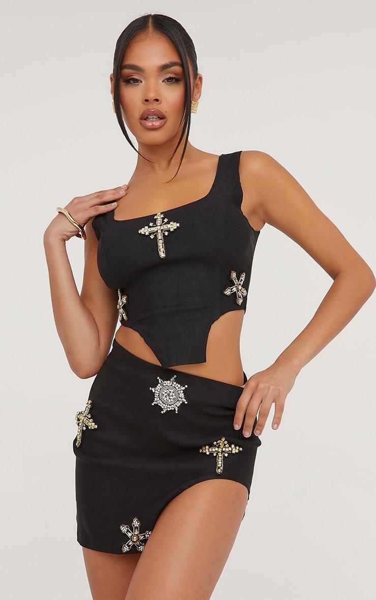 Square Neck Embellished Crucifix Detail Dipped Hem Corset Top In