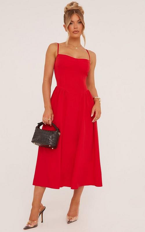 red knit skater dress Strappy Straight Neck Ruffle Detail Mini In | EGO US group-594f