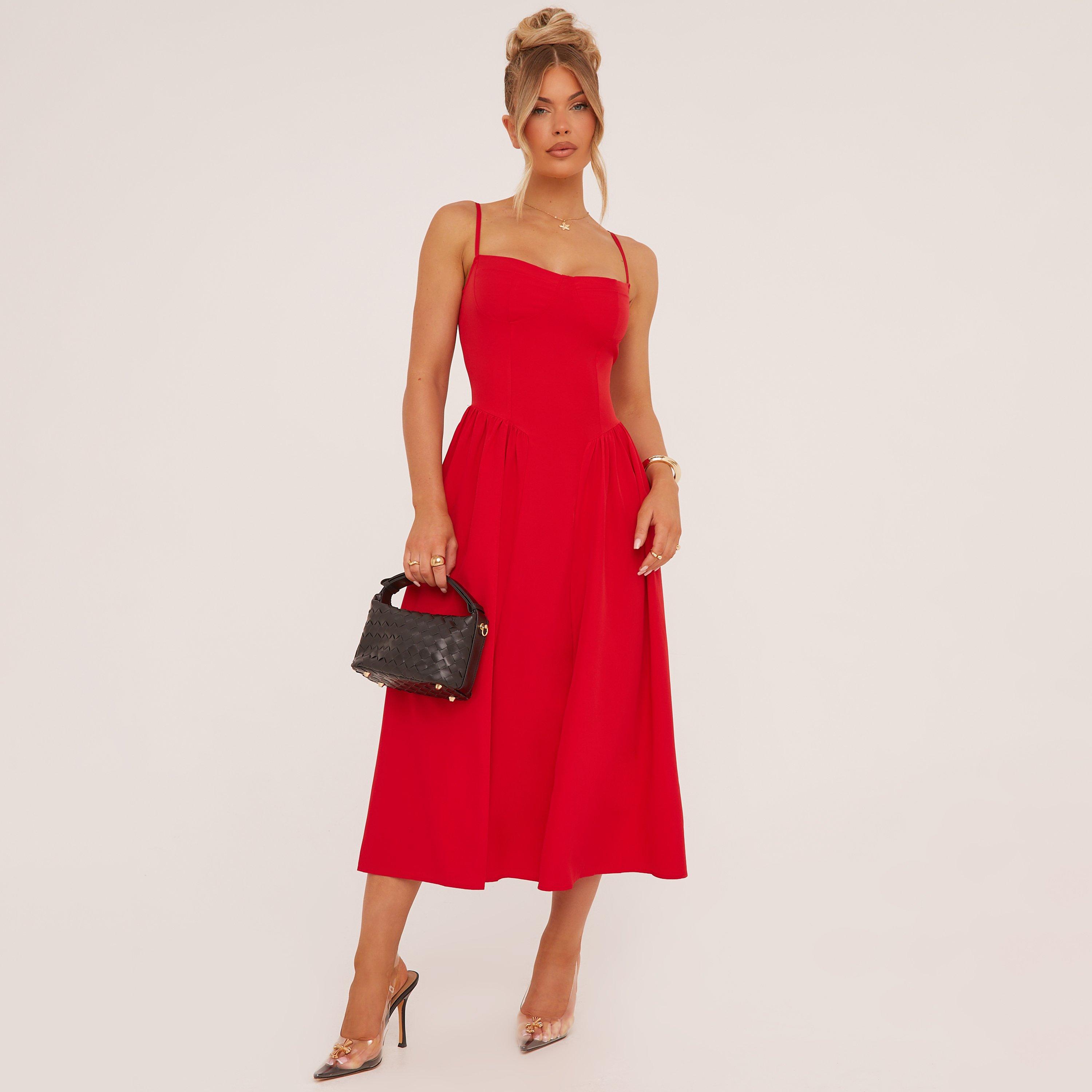 Strappy Pleated Skater Midaxi Dress In Red, Women’s
