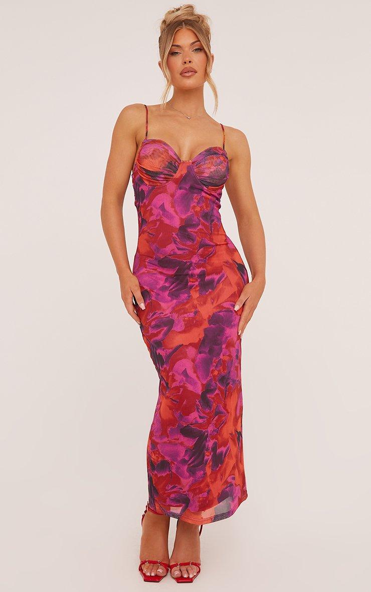 knee length dresses for ladies Summer Princess Midi Dress: Cute Pink Floral Ruched Bust with Romantic –  Canary Houze main image 1