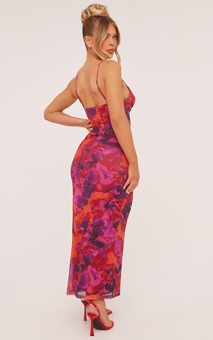 Strappy Ruched Bust Midi Dress In Dark Pink Swirl Print Mesh | EGO EU | EGO