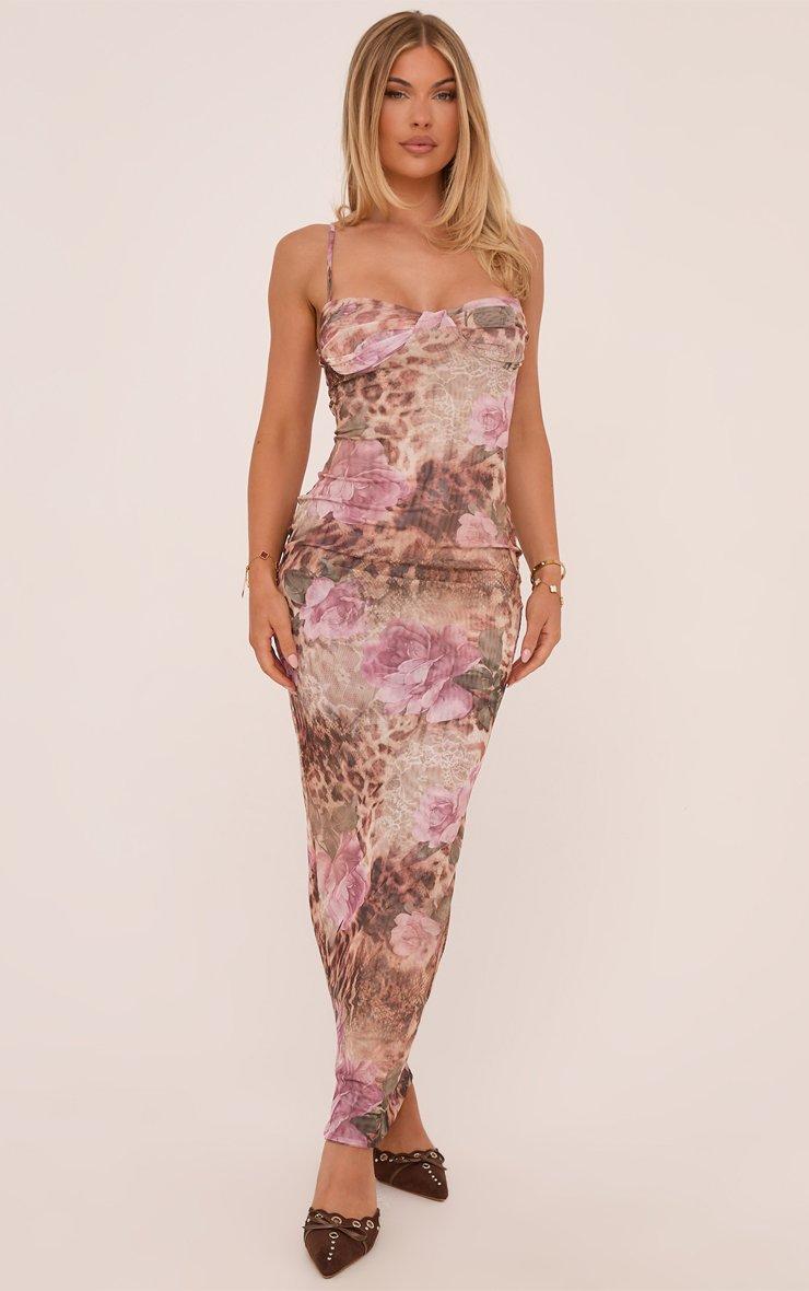 strapless open back dress Ro&Zo Print Shirred Maxi Dress in Pink Check main image 0