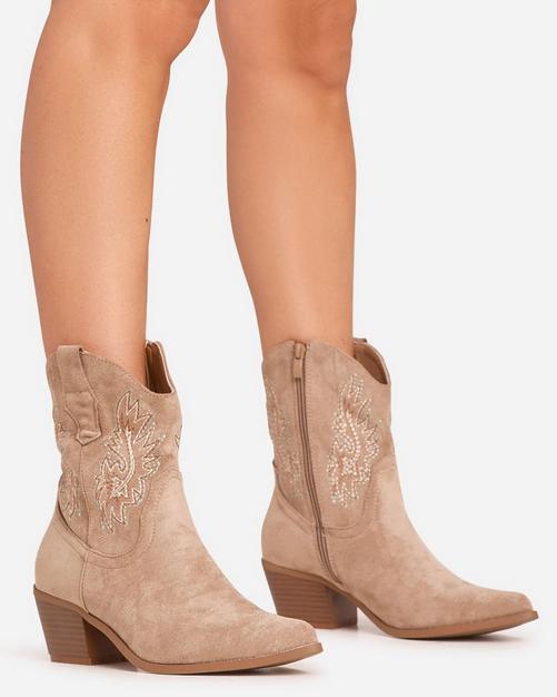 Jerry Embroidered Detail Pointed Toe Western Cowboy Ankle Boot In Light Brown Faux Suede - Discount £5