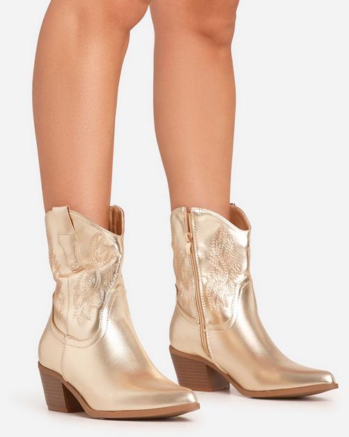 Jerry Embroidered Detail Pointed Toe Western Cowboy Ankle Boot In Gold Faux Leather - Discount £5