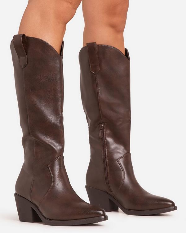 Traveller Mid Calf Western Brown Cowboy Boots In Faux Leather EGO