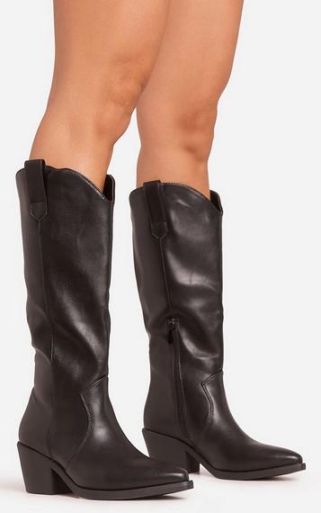 Xoe Square Toe Thin Block Heel Knee High Long Boot In Black Xoe Square Toe Thin Block Heel Knee High Long Boot In Black