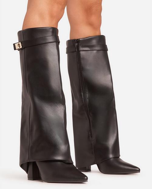 Ava Lock Detail Pointed Toe Knee High Block Heel Boot In Black Faux Leather