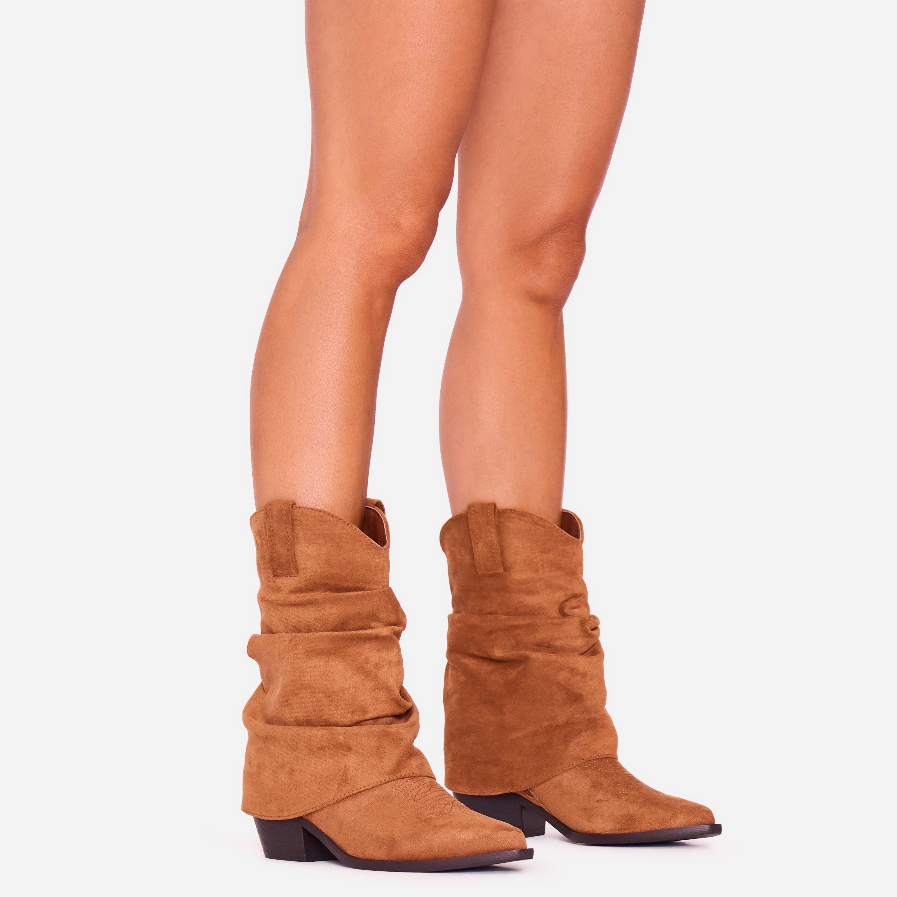 Ruban Pointed Toe Ruched Mid Calf Boot In Tan Brown Faux Suede, Women’s