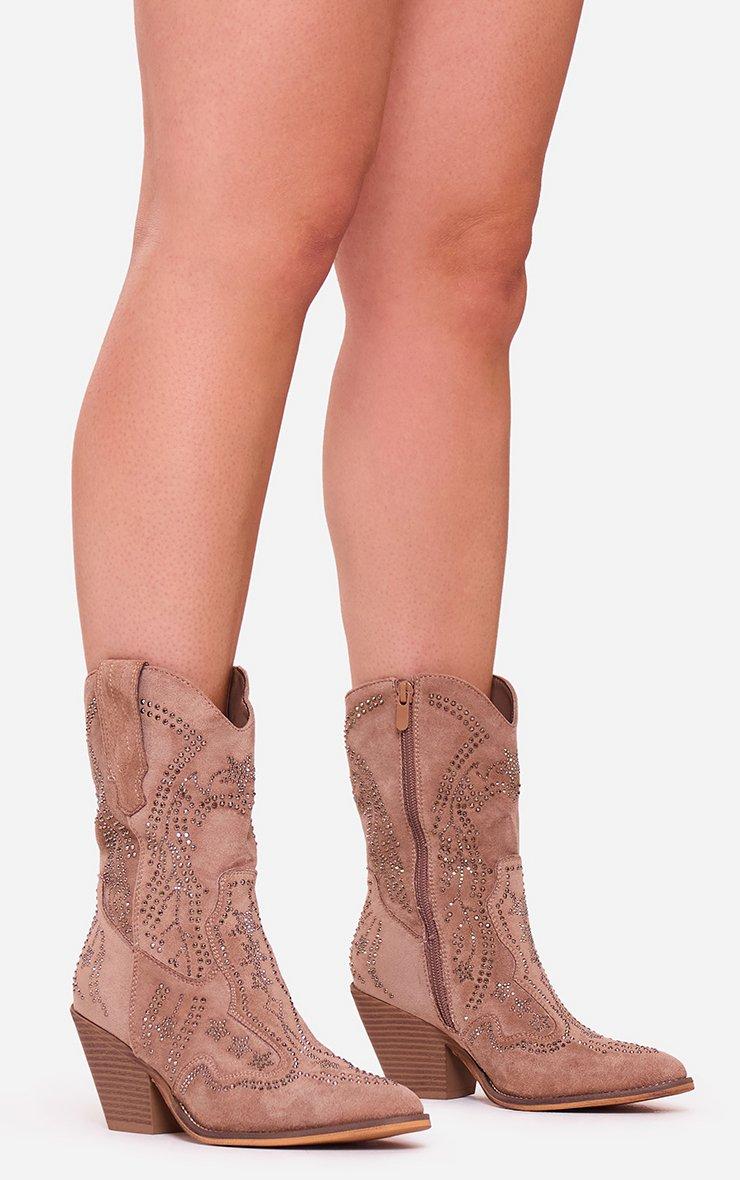 Alpine Diamante Detail Pointed Toe Mid Calf Western Cowboy Boot In