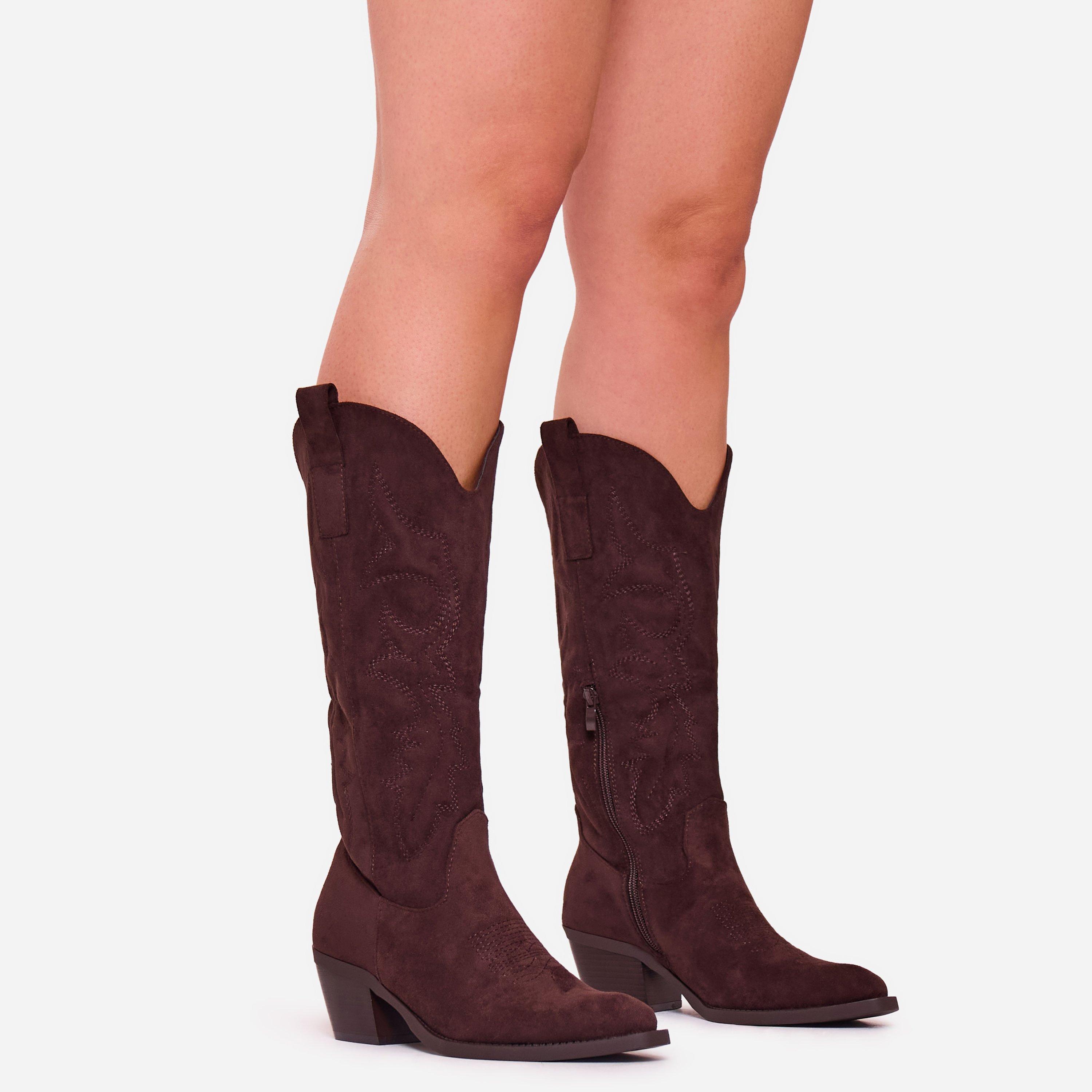 Marzz Embroidered Detail Pointed Toe Mid Calf Western Cowboy Boot In Brown Faux Suede, Women's Size UK 8