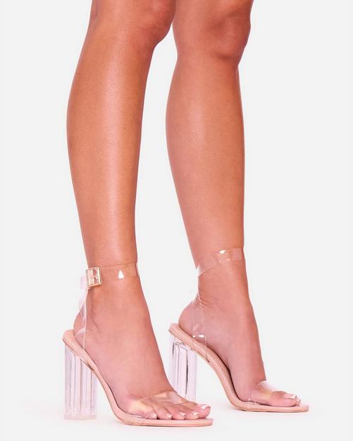 LACUONE Women's Chunky Block Heel Sandals - Strappy, Square Toe, Ankle Buckle, 2.7 Inch Heels (Clear, Size 8.5)