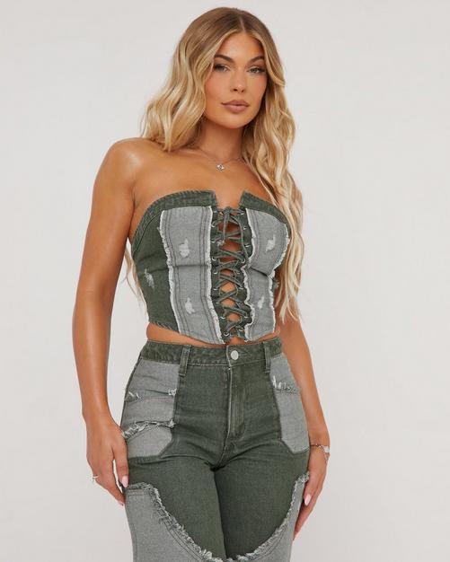 Petite Washed Stone Buckle Detail Denim Corset Top