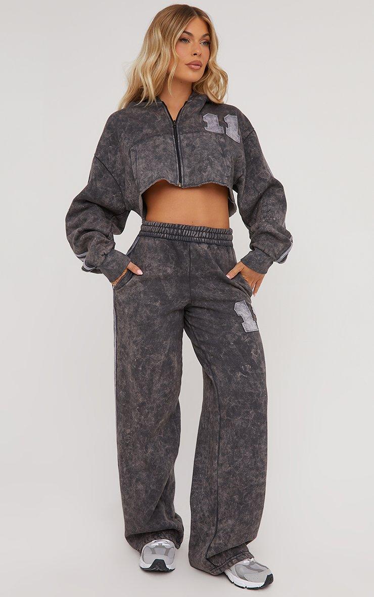 Zip Front Graphic Number Print Oversized Cropped Hoodie In Grey