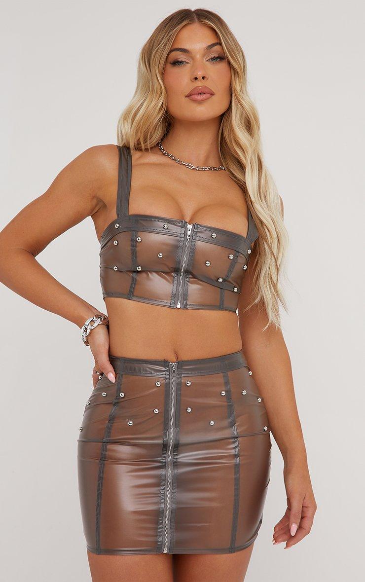 age nda トップス Square Neck Zip Front Studded Detail Crop Top In Black Clear Vinyl