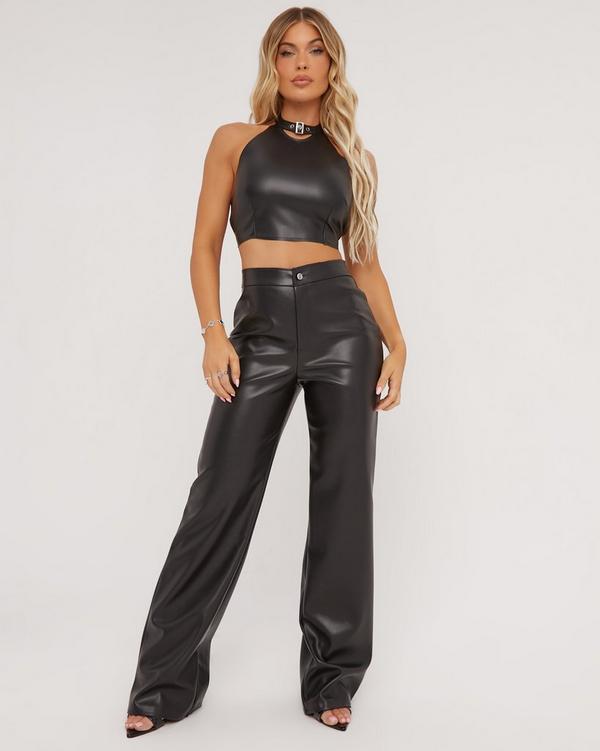 Faux Leather High Waisted Wide Leg Trousers