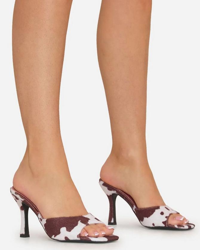 Darling Square Peep Toe Heel Mule In Cow Print Faux Fur Darling Square Peep Toe Heel Mule In Cow Print Faux Fur