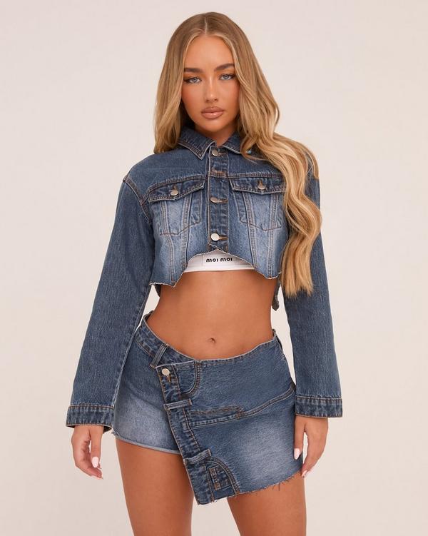 Raw Edge Curved Hem Cropped Jacket In Dark Blue Denim EGO