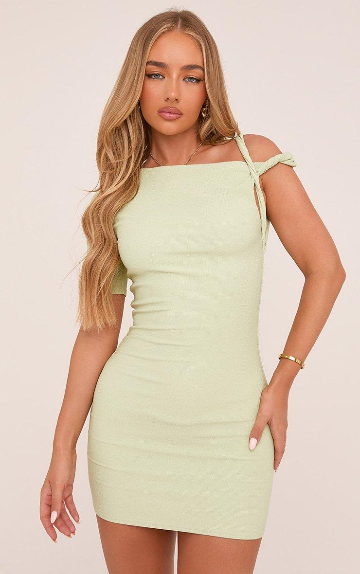 Twisted Shoulder Mini Bodycon Dress In Green Texture | EGO US | EGO