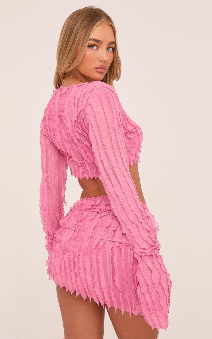 Long Sleeve Tie Front Crop Top And Tie Side Mini Skirt Co-Ord Set