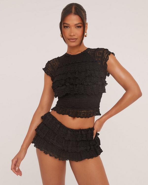 All Over Frill Raglan T-Shirt In Black Texture