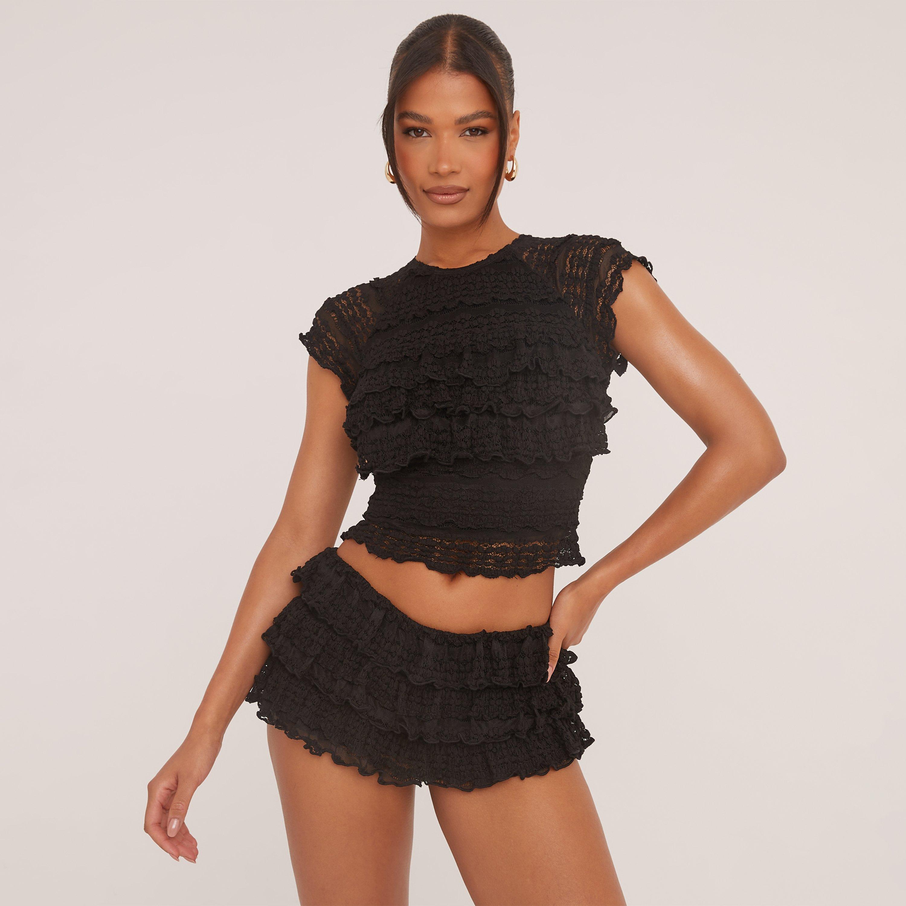 All Over Frill Raglan T-Shirt In Black Texture, Women's Size UK 6