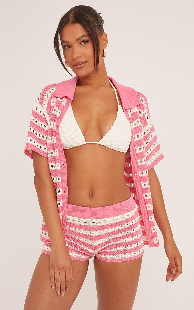 Low Rise Micro Shorts In Pink And White Stripe Crochet Knit | EGO